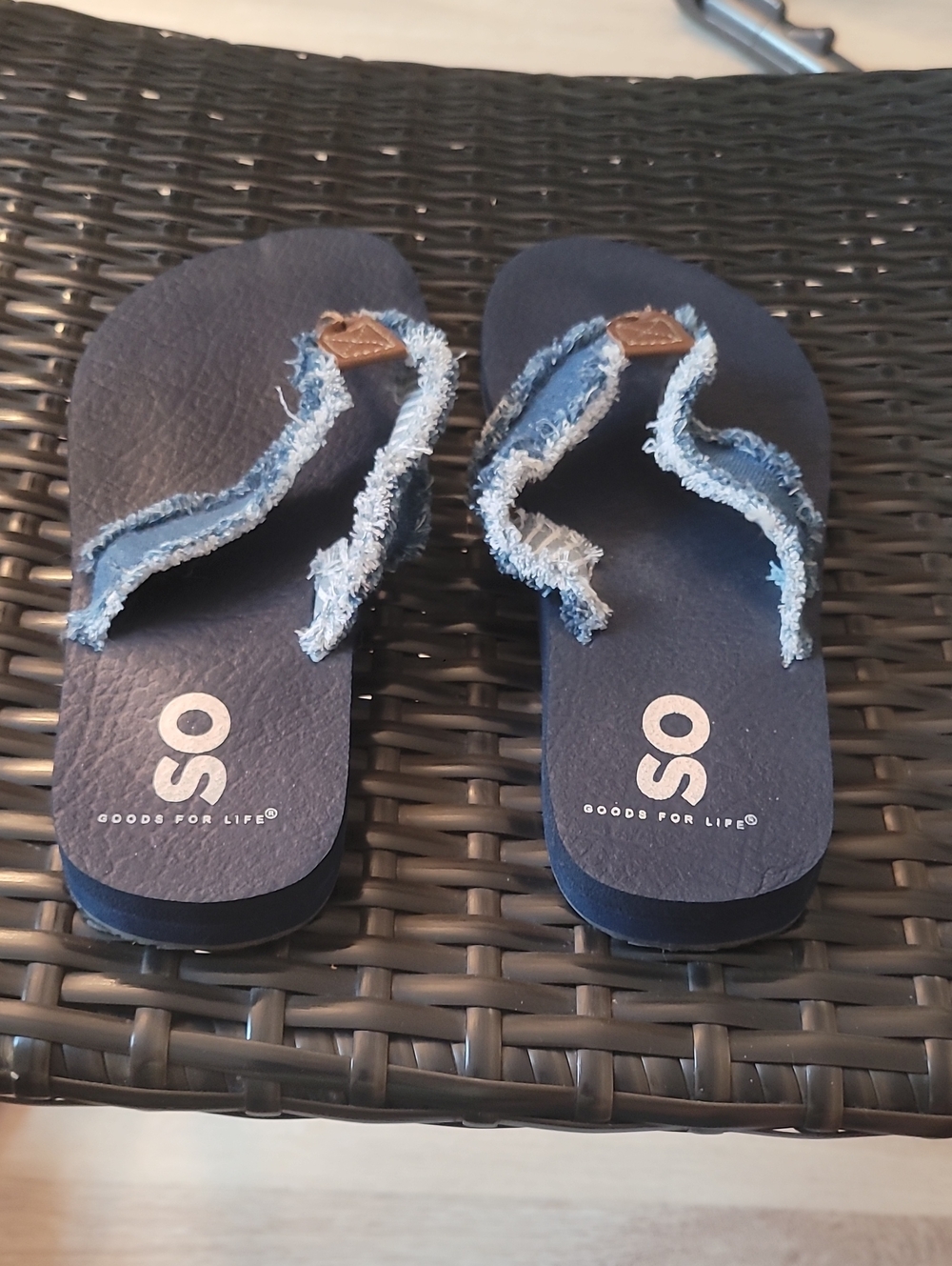 SO Navy Blue Frayed Denim Strap Flip Flops